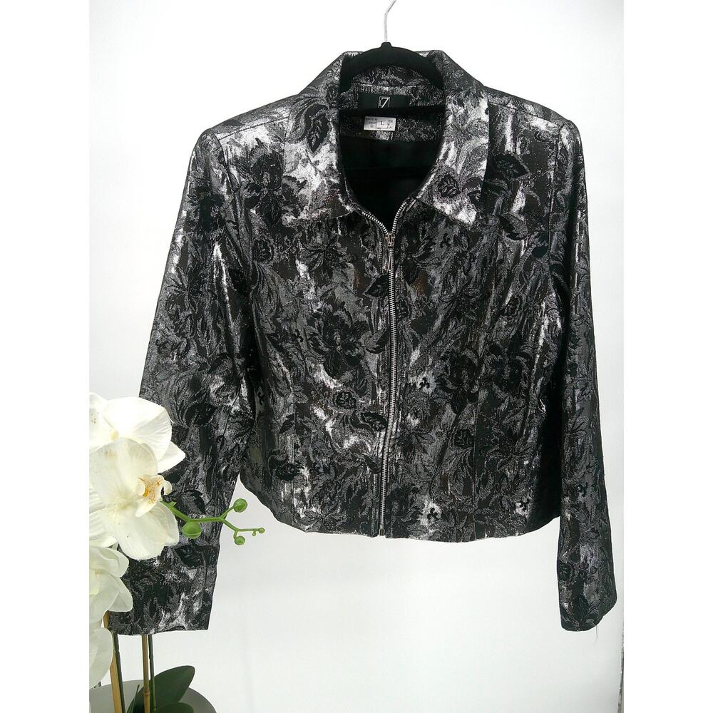 Vintage Lori Zoni Womens Sz Large Silver Metallic Textured Floral Zip Up Jacket